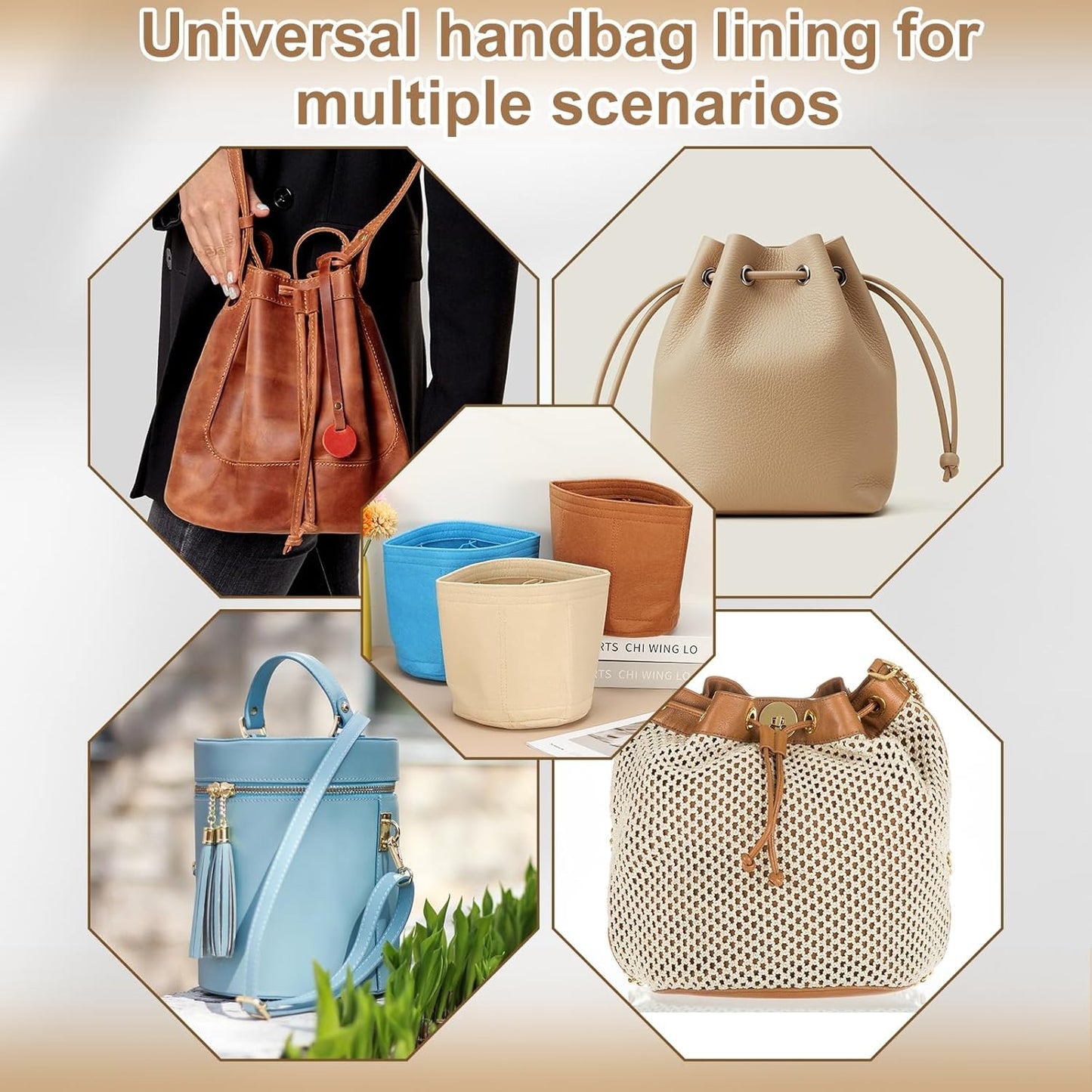 Purse Organizer Insert, 8" x 8" Portable Felt Organizer Bags Round Multiple Compartments Purse Liner for Bucket Bag, Domed Satchel, Tote Bag, Handbag Shaper, Camel
