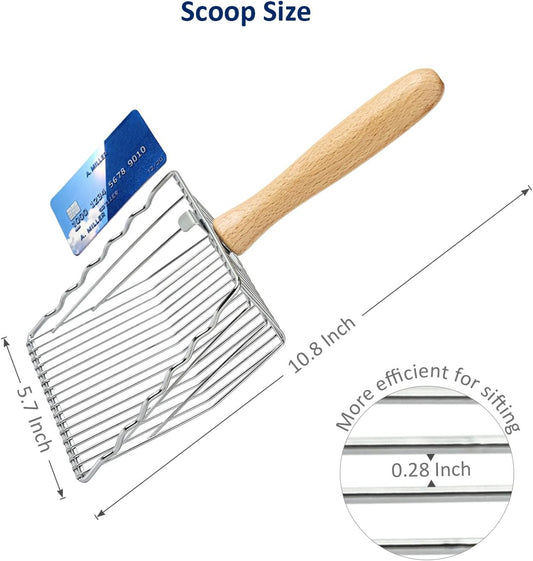 Premium Metal Cat Litter Scoop, 5X Faster Speed Sifter, Heavy Duty Steel Kitty Scooper, Beech Wood Handle, for All Litter Types, Silver