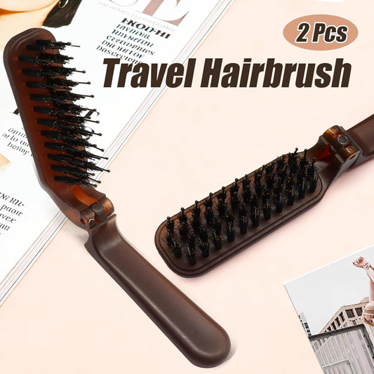 Biaungdo 2 Pack Foldable Hair Brush, Boar Bristle Hair Brush for Women & Men, Mini Travel Hairbrush Portable Collapsible Pocket Comb for Any Hair Types (Amber)