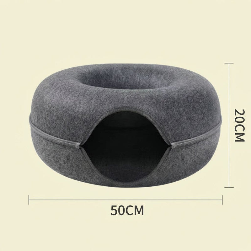 Dark grey Felt Donut Cat Bed with Zipper Tunnel Toy, Double-Layer Pet Cave for Cats, M Size (50x20cm), Cozy Hideaway for Indoor Cats