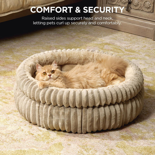 50x50x18 CM Beige Ultra-Soft Thickened Round Pet Bed with Stripe Texture - Plush Self-Warming Donut Nest for Cats and Small Dogs