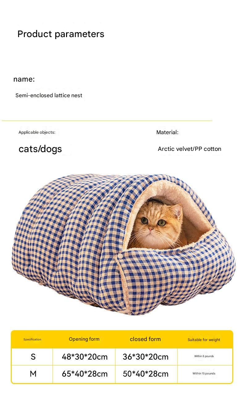 S size Orange Plaid Cat Cave Bed Winter Warm Enclosed Pet House Cozy Cat Sleeping Bag Semi-Enclosed Cat Nest Small Dog Bed PP Cotton Filling Washable Pet Supplies