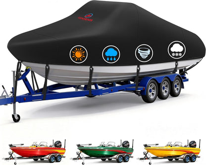 Trailerable Boat Cover – 600DHeavy Duty Waterproof Tarp with Storage Bag, Designed for V-Hull, Fish & Ski, Runabout, Bass & Fishing Boats,20-22FTBlack