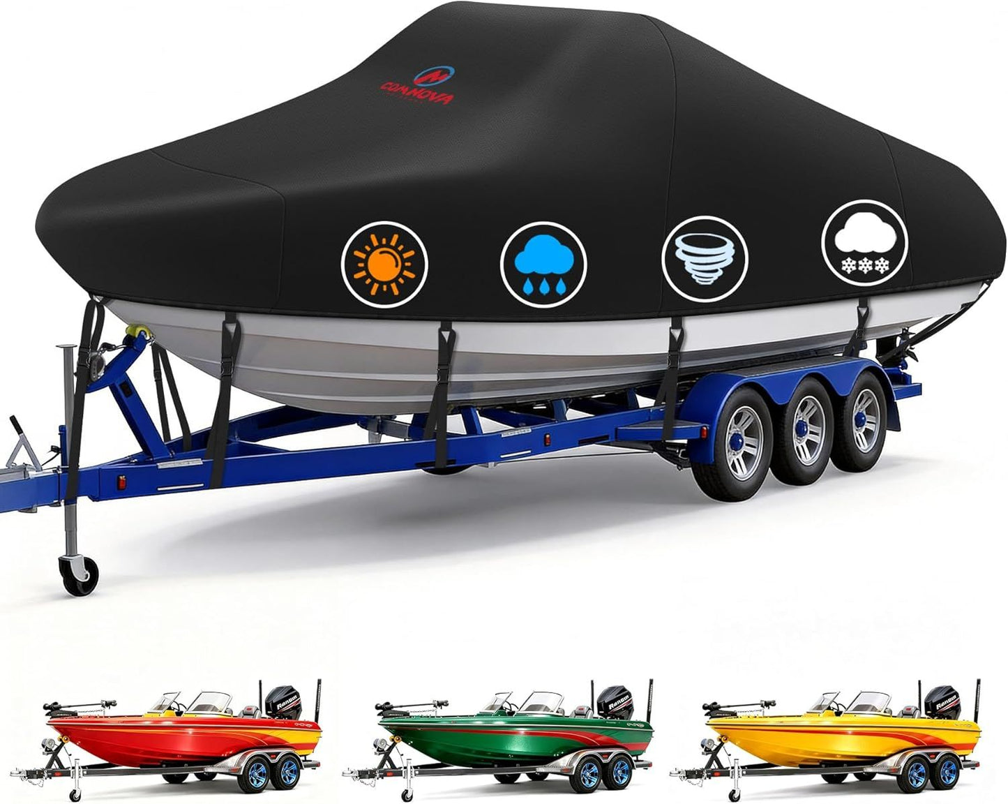 Trailerable Boat Cover – 600DHeavy Duty Waterproof Tarp with Storage Bag, Designed for V-Hull, Fish & Ski, Runabout, Bass & Fishing Boats,20-22FTBlack