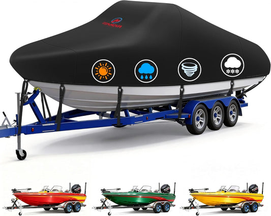 Trailerable Boat Cover – 600DHeavy Duty Waterproof Tarp with Storage Bag, Designed for V-Hull, Fish & Ski, Runabout, Bass & Fishing Boats,20-22FTBlack