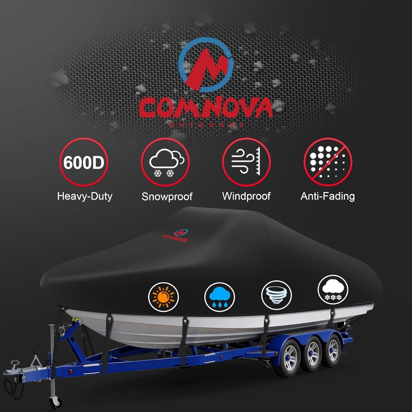 Trailerable Boat Cover – 600DHeavy Duty Waterproof Tarp with Storage Bag, Designed for V-Hull, Fish & Ski, Runabout, Bass & Fishing Boats,20-22FTBlack