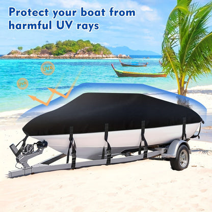 Trailerable Boat Cover – 600DHeavy Duty Waterproof Tarp with Storage Bag, Designed for V-Hull, Fish & Ski, Runabout, Bass & Fishing Boats,20-22FTBlack