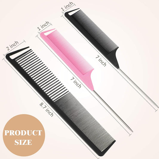 3 Pcs Rat Tail Parting Comb for Braids Carbon Fiber Stainless Steel Pintail Teasing Combs Heat Resistant with Wide Tooth for Men and Women, Hair Stylist, Salon Hairdressing Hair Care Tools
