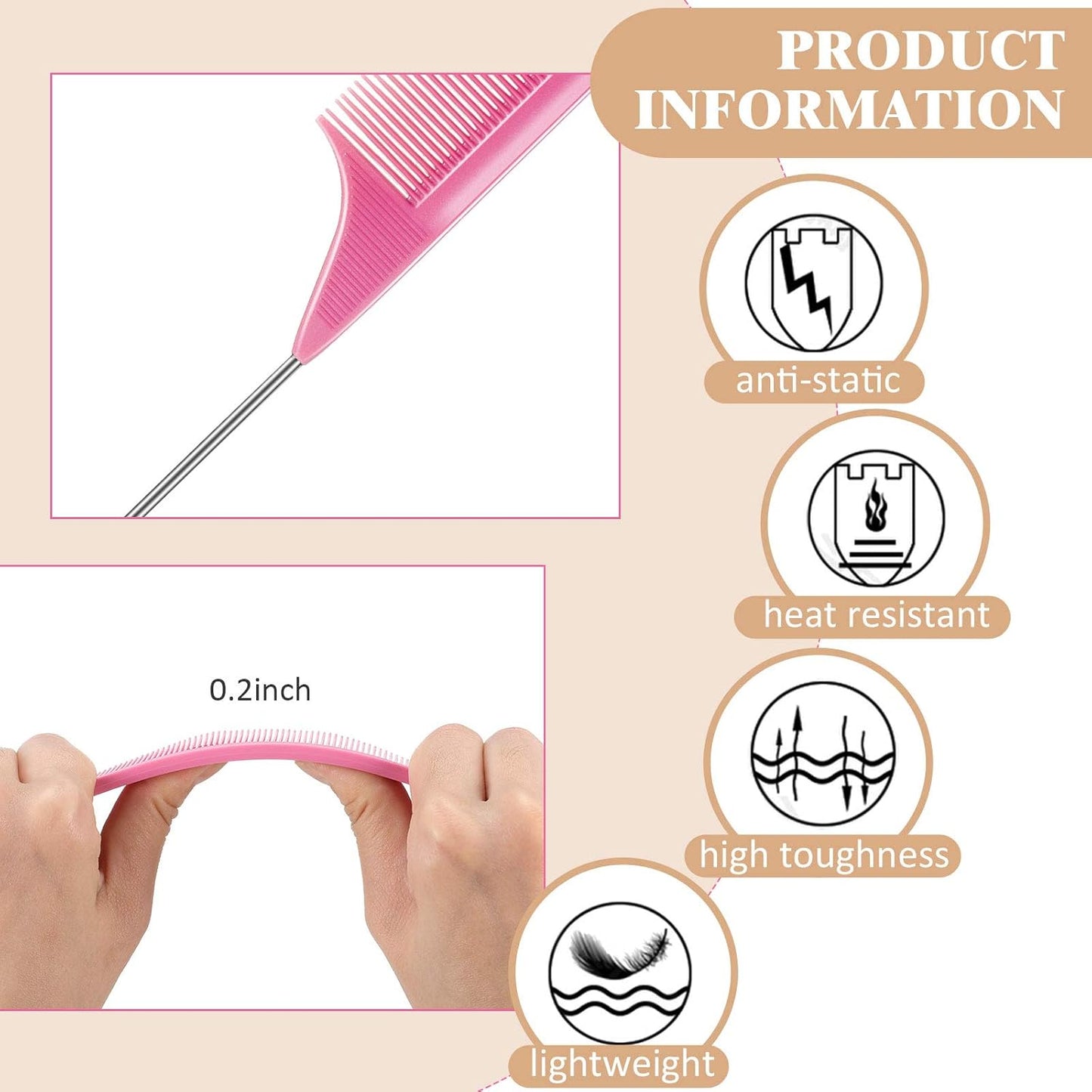 3 Pcs Rat Tail Parting Comb for Braids Carbon Fiber Stainless Steel Pintail Teasing Combs Heat Resistant with Wide Tooth for Men and Women, Hair Stylist, Salon Hairdressing Hair Care Tools