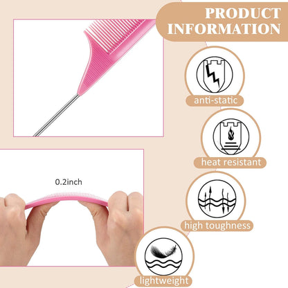 3 Pcs Rat Tail Parting Comb for Braids Carbon Fiber Stainless Steel Pintail Teasing Combs Heat Resistant with Wide Tooth for Men and Women, Hair Stylist, Salon Hairdressing Hair Care Tools