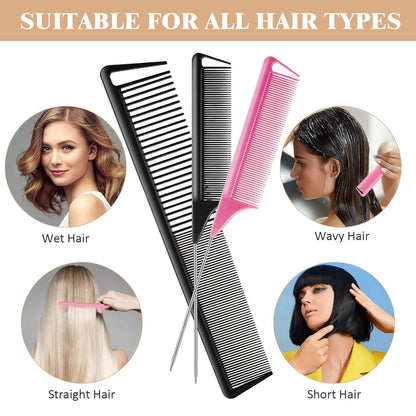 3 Pcs Rat Tail Parting Comb for Braids Carbon Fiber Stainless Steel Pintail Teasing Combs Heat Resistant with Wide Tooth for Men and Women, Hair Stylist, Salon Hairdressing Hair Care Tools