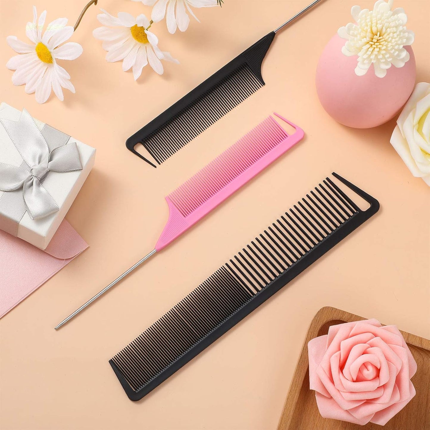 3 Pcs Rat Tail Parting Comb for Braids Carbon Fiber Stainless Steel Pintail Teasing Combs Heat Resistant with Wide Tooth for Men and Women, Hair Stylist, Salon Hairdressing Hair Care Tools