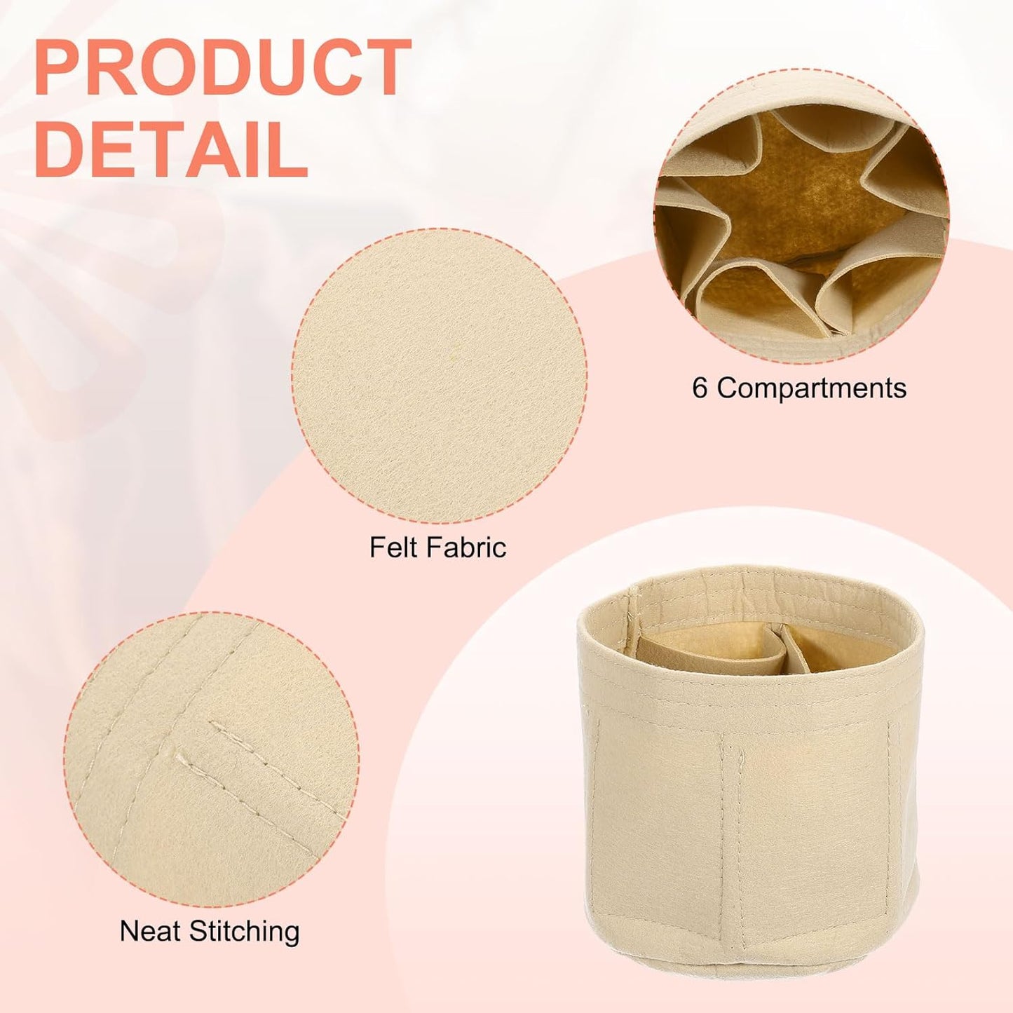 Purse Organizer Insert, Portable Felt Organizer Bags Round Multiple Compartments Purse Liner for Bucket Bag, Domed Satchel, Tote Bag, Handbag Shaper (8" x 4" x 5.5", Beige)