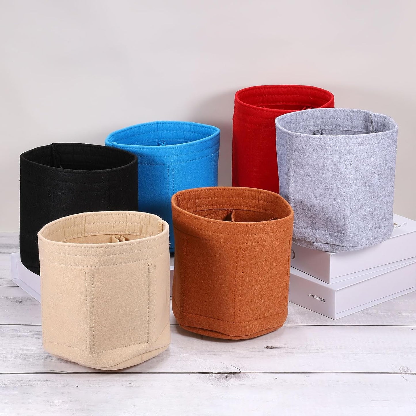 Purse Organizer Insert, Portable Felt Organizer Bags Round Multiple Compartments Purse Liner for Bucket Bag, Domed Satchel, Tote Bag, Handbag Shaper (8" x 4" x 5.5", Beige)