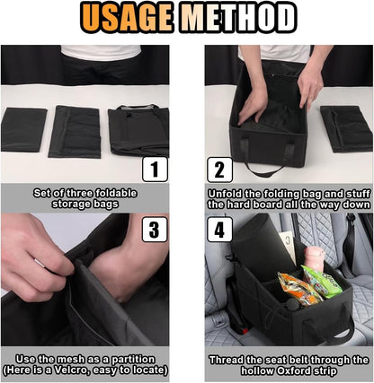 Car Seat Organizer, Foldable Car Storage Organizer with 4 Cup Holders, Rear & Front Seat Storage Bags, Black