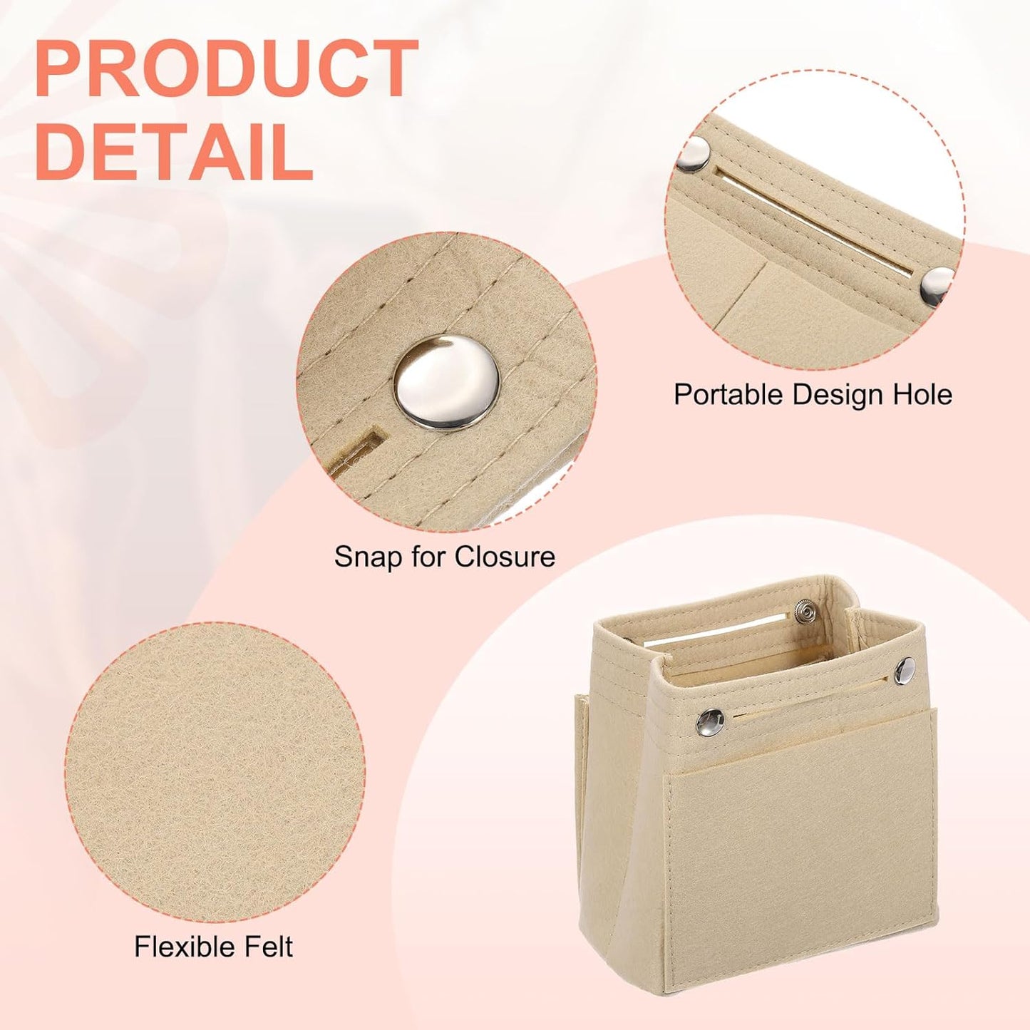Purse Organizer Insert, Portable Felt Organizer Bags with Snap Multiple Compartments Purse Liner for Domed Satchel, Tote Bag, Handbag Shaper (7" x 4" x 6.3", Beige)