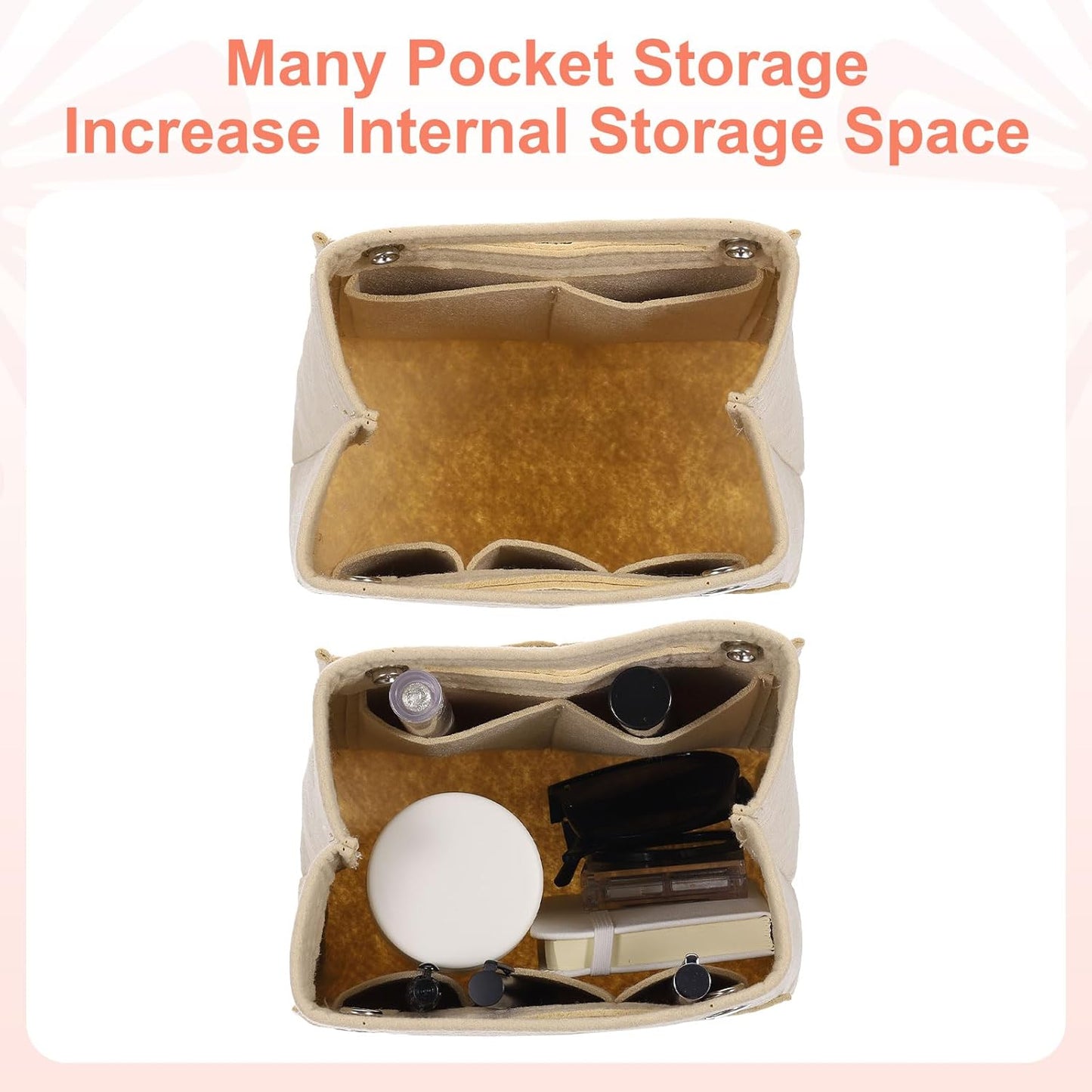 Purse Organizer Insert, Portable Felt Organizer Bags with Snap Multiple Compartments Purse Liner for Domed Satchel, Tote Bag, Handbag Shaper (7" x 4" x 6.3", Beige)