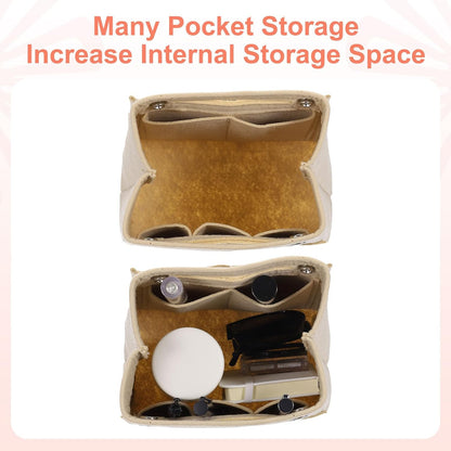 Purse Organizer Insert, Portable Felt Organizer Bags with Snap Multiple Compartments Purse Liner for Domed Satchel, Tote Bag, Handbag Shaper (7" x 4" x 6.3", Beige)