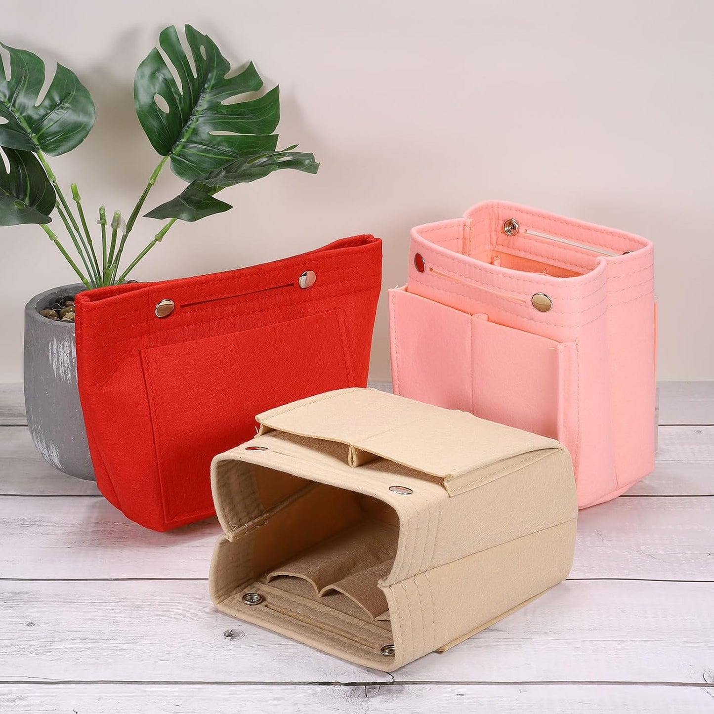 Purse Organizer Insert, Portable Felt Organizer Bags with Snap Multiple Compartments Purse Liner for Domed Satchel, Tote Bag, Handbag Shaper (7" x 4" x 6.3", Beige)