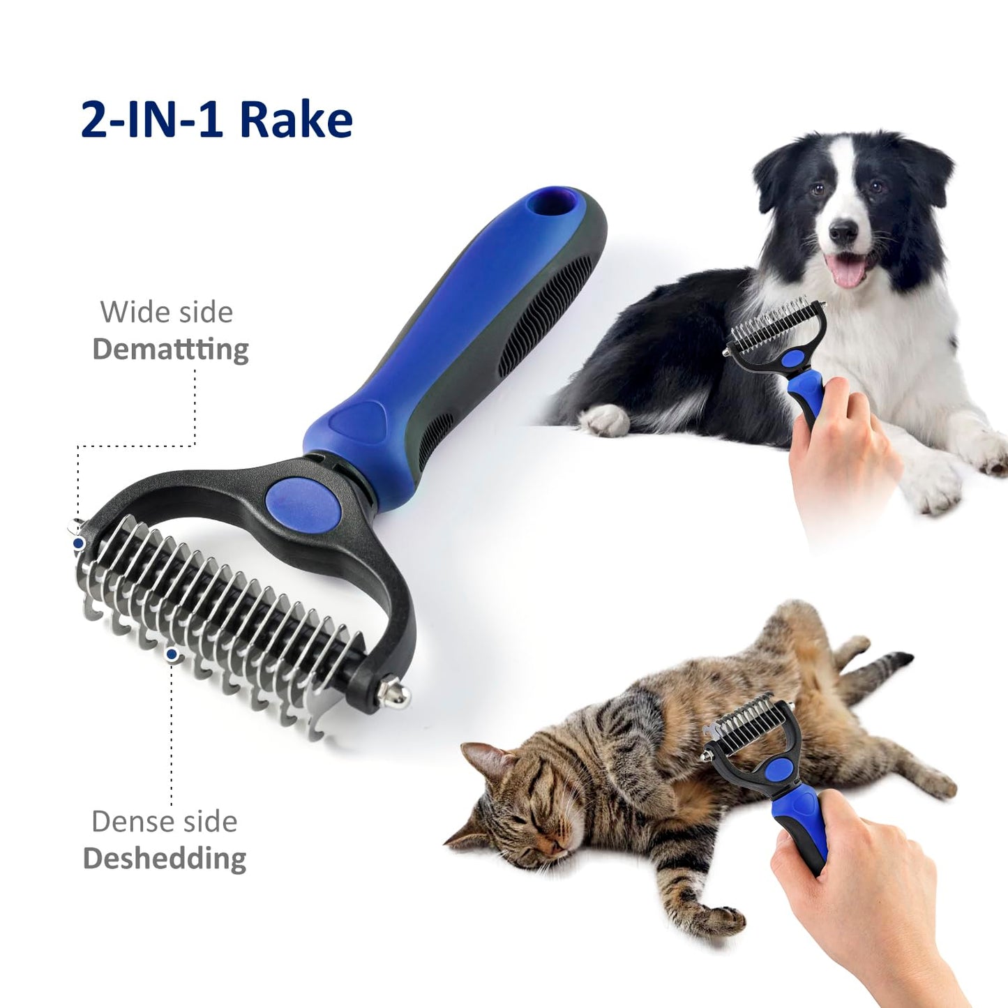 Grooming Rake for Dogs & Cats, Double-Sided Deshedding Brh, Extra-Wide Dematting Tool, Slicker Comb for Undercoat & Loose Hair Removal, Reduces Shedding by 95%, Blue, Small