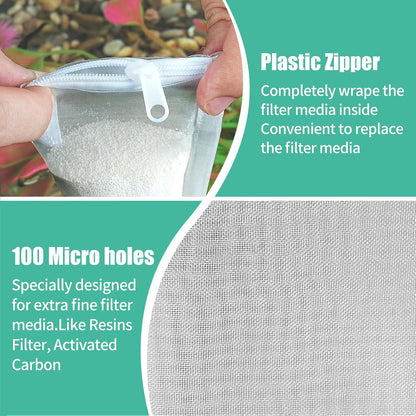 Aquarium Filter Media Bags 6pcs Fish Tank Extra Fine 100 Micron Mesh Bags with Plastic Zipper for Activated Carbon (3” x 4”)