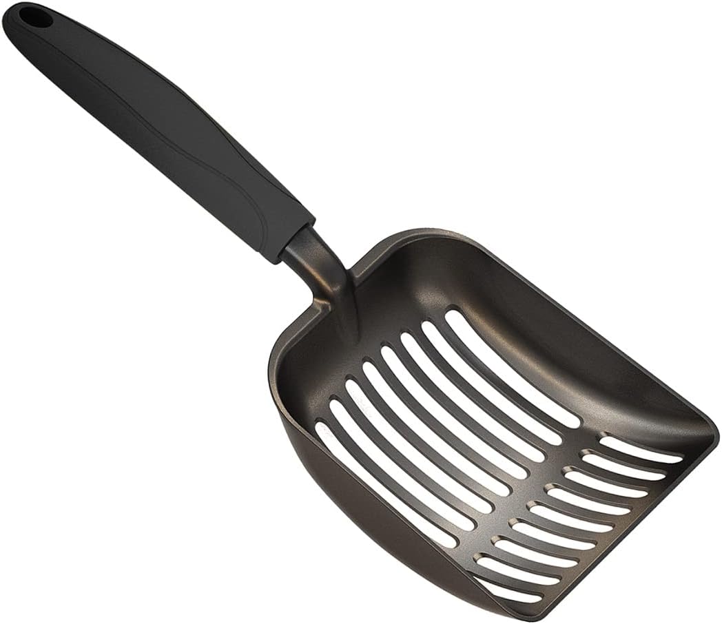Cat Litter Scoop, Non-Stick Plated Aluminum Alloy Sifter, Kitty Durable Metal Scooper, Deep Shovel, Long Handle, Kitten Pooper Lifter, Size Medium, Coated Black Body with Black Handle