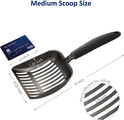 Cat Litter Scoop, Non-Stick Plated Aluminum Alloy Sifter, Kitty Durable Metal Scooper, Deep Shovel, Long Handle, Kitten Pooper Lifter, Size Medium, Coated Black Body with Black Handle