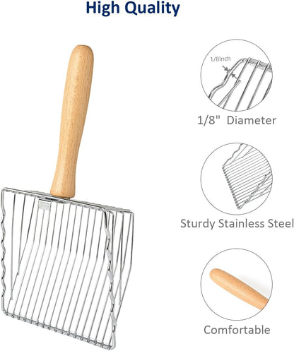 Premium Metal Cat Litter Scoop, 5X Faster Speed Sifter, Heavy Duty Steel Kitty Scooper, Beech Wood Handle, for All Litter Types, Silver