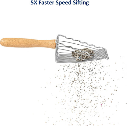 Premium Metal Cat Litter Scoop, 5X Faster Speed Sifter, Heavy Duty Steel Kitty Scooper, Beech Wood Handle, for All Litter Types, Silver
