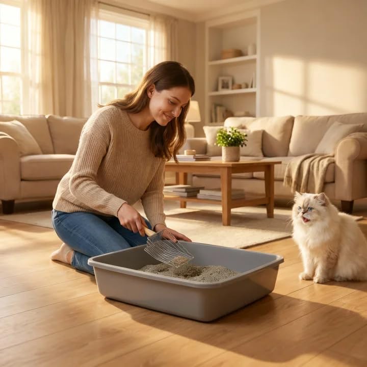 Premium Metal Cat Litter Scoop, 5X Faster Speed Sifter, Heavy Duty Steel Kitty Scooper, Beech Wood Handle, for All Litter Types, Silver