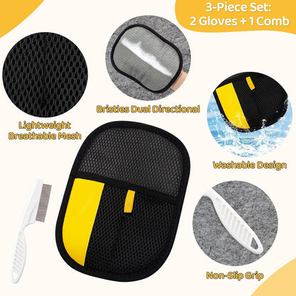 Pet Hair Removal Glove for Dogs & Cats, Upgraded 2PCS Electrostatic Pet Hair Remover with Grooming Comb, Reable Washable Magic Brh Hair Tool Mitt for Clothing, Couch, Carpet, Car Seat