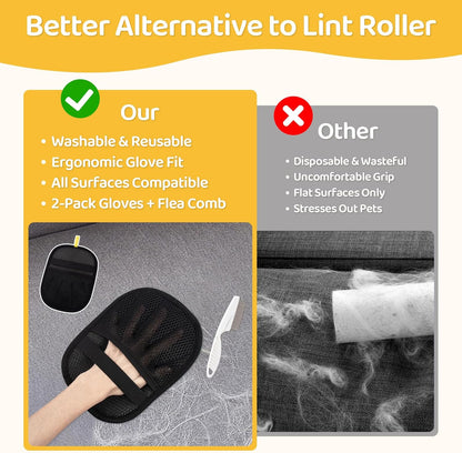 Pet Hair Removal Glove for Dogs & Cats, Upgraded 2PCS Electrostatic Pet Hair Remover with Grooming Comb, Reable Washable Magic Brh Hair Tool Mitt for Clothing, Couch, Carpet, Car Seat