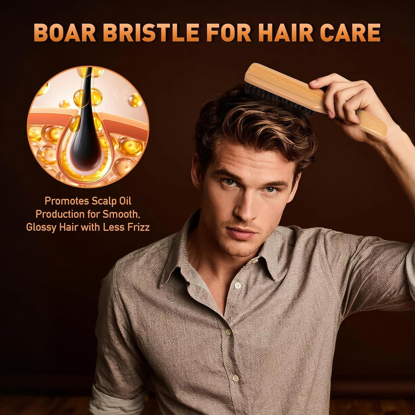 Boar Bristle Hair Brush for Men - Slick Back Hair Brush - Mens Hairbrush with Stiff Bristles & Wooden Handle, for Thick, Fine & Normal Hair Smoothing Styling Adding Shine, Beard Mustache Brush Comb