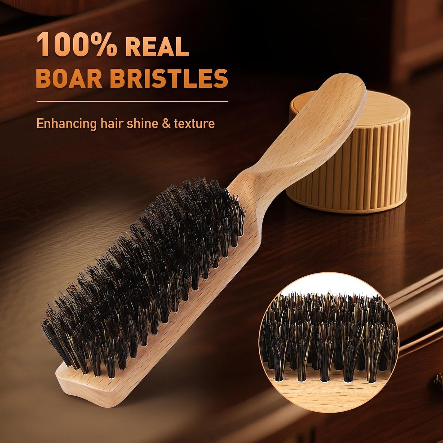 Boar Bristle Hair Brush for Men - Slick Back Hair Brush - Mens Hairbrush with Stiff Bristles & Wooden Handle, for Thick, Fine & Normal Hair Smoothing Styling Adding Shine, Beard Mustache Brush Comb