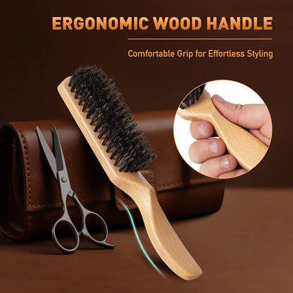 Boar Bristle Hair Brush for Men - Slick Back Hair Brush - Mens Hairbrush with Stiff Bristles & Wooden Handle, for Thick, Fine & Normal Hair Smoothing Styling Adding Shine, Beard Mustache Brush Comb