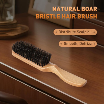 Boar Bristle Hair Brush for Men - Slick Back Hair Brush - Mens Hairbrush with Stiff Bristles & Wooden Handle, for Thick, Fine & Normal Hair Smoothing Styling Adding Shine, Beard Mustache Brush Comb