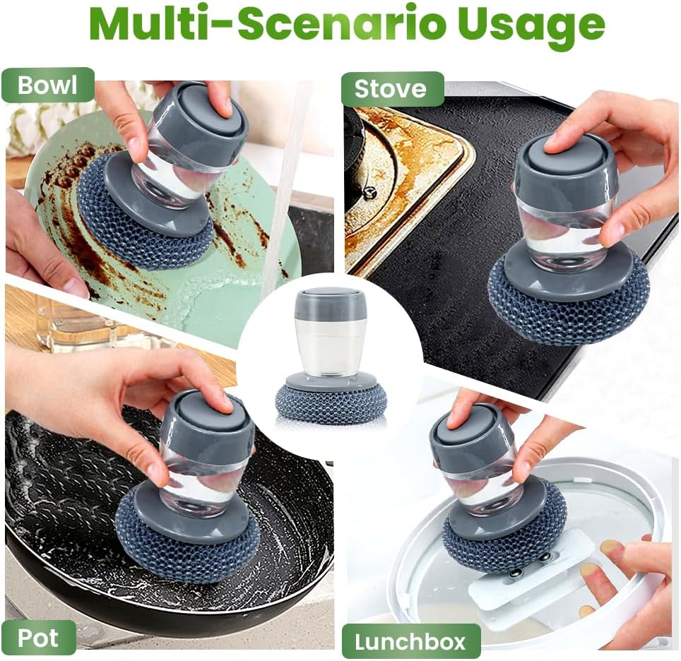 Dish Brh with Soap Dispenser, Soap Dispensing Dish Brh - with PET/Steel Wire Bristles, Kitchen Scrub Brh for Dishes Pots Pans Sinks (PET Head)