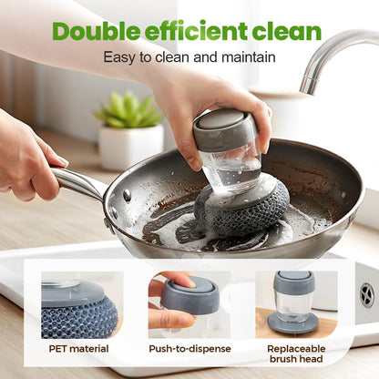 Dish Brh with Soap Dispenser, Soap Dispensing Dish Brh - with PET/Steel Wire Bristles, Kitchen Scrub Brh for Dishes Pots Pans Sinks (PET Head)