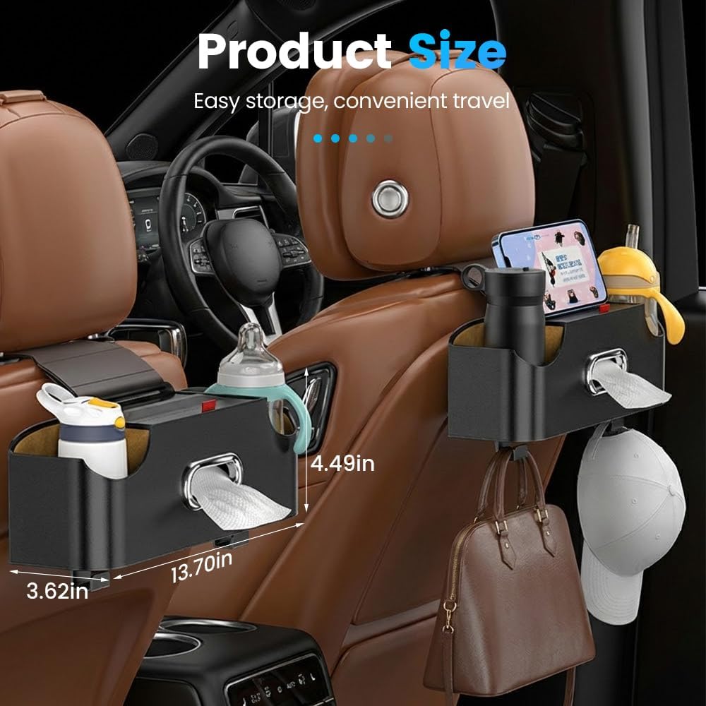 Car Backseat Organizer 3-in-1 Multifunctional Car Back Seat Storage Box with Drink Cup Holder Tissue Box Trash Bin & Hooks, Back Seat Car Organizer for Hold Phones,Drinks, and Handbags (Black)
