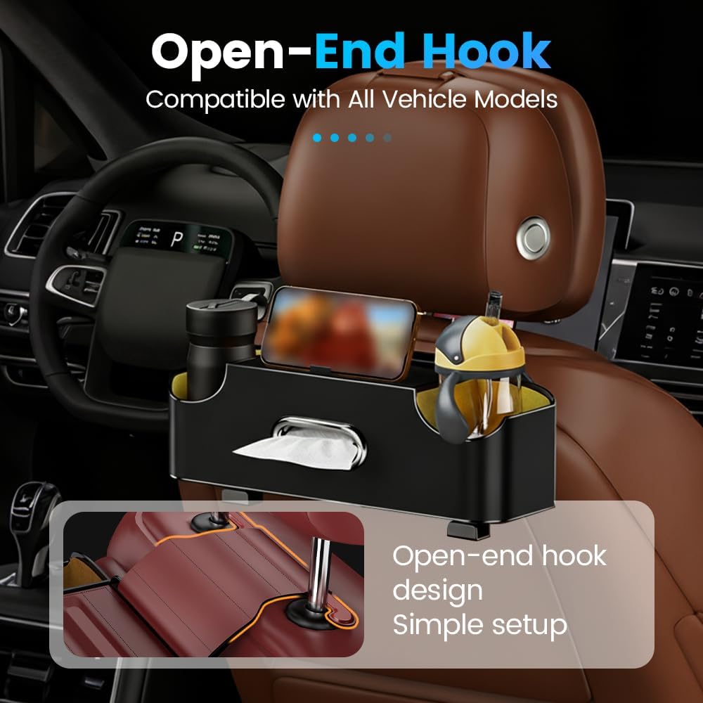 Car Backseat Organizer 3-in-1 Multifunctional Car Back Seat Storage Box with Drink Cup Holder Tissue Box Trash Bin & Hooks, Back Seat Car Organizer for Hold Phones,Drinks, and Handbags (Black)