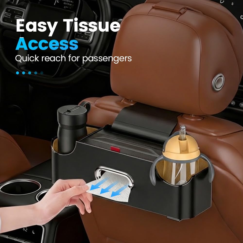 Car Backseat Organizer 3-in-1 Multifunctional Car Back Seat Storage Box with Drink Cup Holder Tissue Box Trash Bin & Hooks, Back Seat Car Organizer for Hold Phones,Drinks, and Handbags (Black)