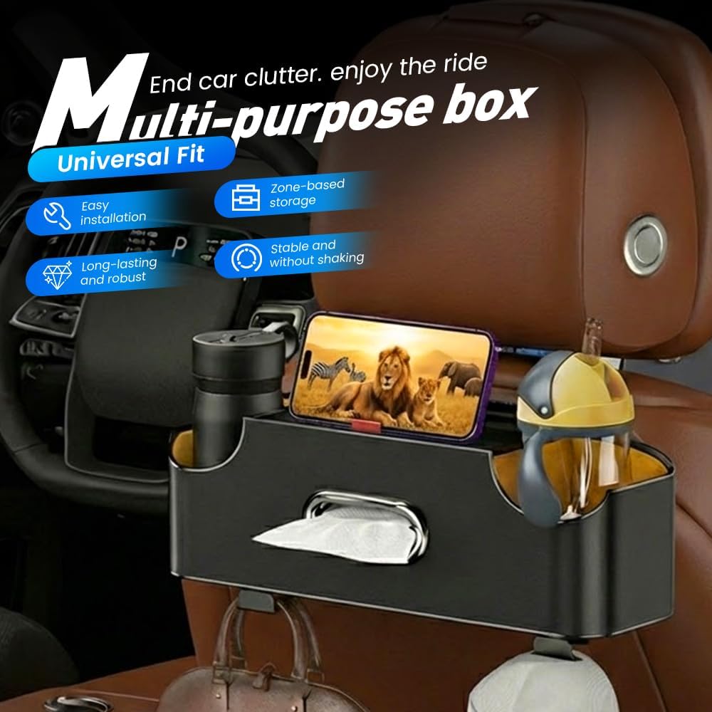 Car Backseat Organizer 3-in-1 Multifunctional Car Back Seat Storage Box with Drink Cup Holder Tissue Box Trash Bin & Hooks, Back Seat Car Organizer for Hold Phones,Drinks, and Handbags (Black)