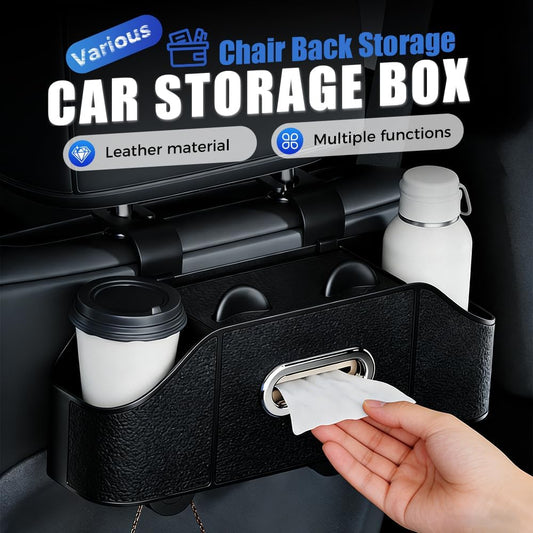 Multifunctional Car Back Seat Storage Organize with Tissue Holder, 2 Cup Holders and Purse Hooks, For Phones, Snacks, Drinks, Bags, Travel Storage (Orange)