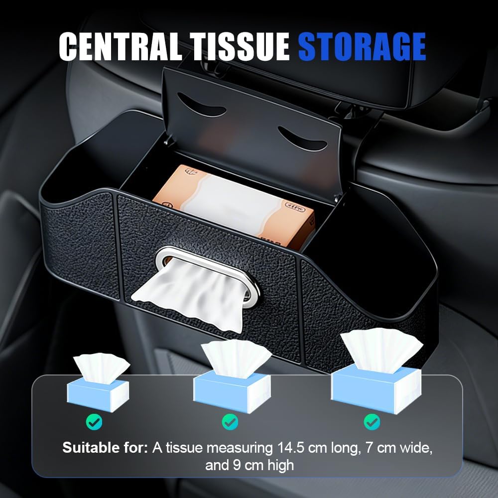 Multifunctional Car Back Seat Storage Organize with Tissue Holder, 2 Cup Holders and Purse Hooks, For Phones, Snacks, Drinks, Bags, Travel Storage (Orange)