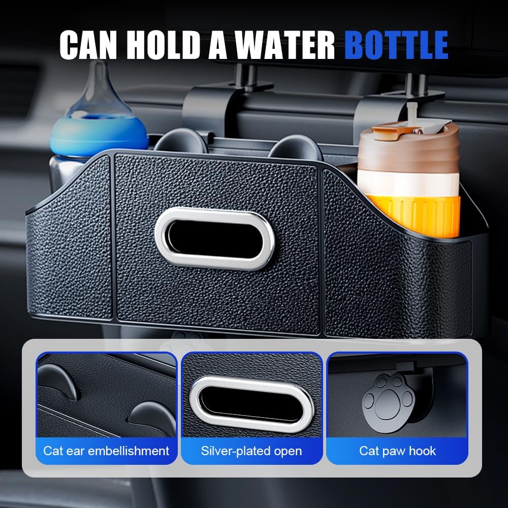 Multifunctional Car Back Seat Storage Organize with Tissue Holder, 2 Cup Holders and Purse Hooks, For Phones, Snacks, Drinks, Bags, Travel Storage (Orange)