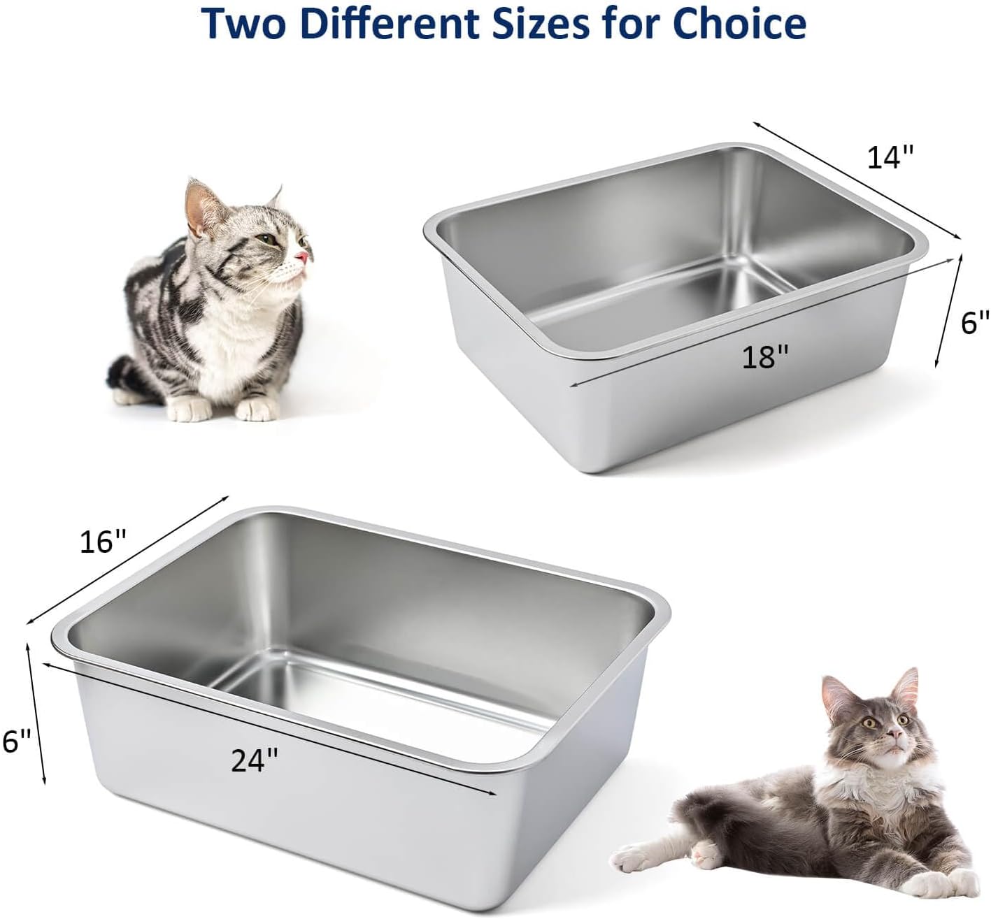 Stainless Steel Cat Litter Box, High Sides Kitten Toilet, Top Open Pet Tray, Non-Stick, Odorless, Rt-Resistant, Easy-Clean Pan, Silver Box (24x16x6 Inch)