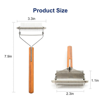 2-in-1 Dematting Comb & Shedding Brh, Undercoat Rake Grooming Tool with Wooden Handle for Dogs & Cats - Easily Removes Mats, Tangles, and Loose Hair
