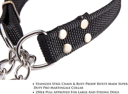 Stainless Steel Nylon Chain Martingale Collar Comfort Heavy Duty Large Dog Collar Escape Perfect for Training Walking Running and High Activities 250lb Pull Proved (Large, Black)