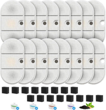 16 Pack Cat Water Fountain Filter Replacement for PLWF002 71oz/2.1L Capsule Pet Water Fountain with 8 Pre-Filter Sponges, Pet Fountain Filter Replacement with Four Filtration System, BPA-Free