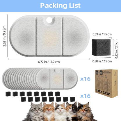 16 Pack Cat Water Fountain Filter Replacement for PLWF002 71oz/2.1L Capsule Pet Water Fountain with 8 Pre-Filter Sponges, Pet Fountain Filter Replacement with Four Filtration System, BPA-Free